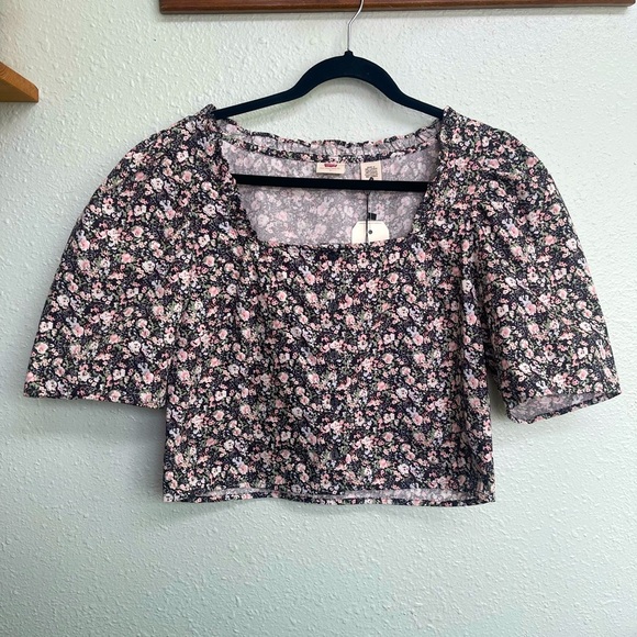 NWT Levi’s black floral crop button-up cotton blouse size large - Picture 1 of 4